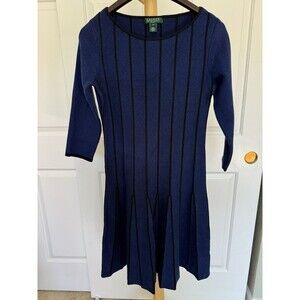 Lauren Ralph Lauren Women's Sweater Dress Blue M Stripe Pleated Preppy Career